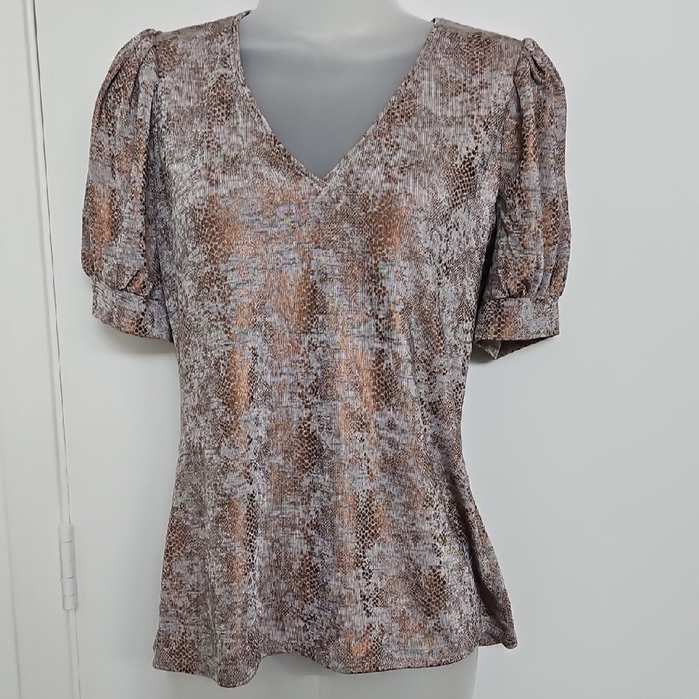 NWT White House Black Market Gray and Bronze Puff Sleeve Blouse